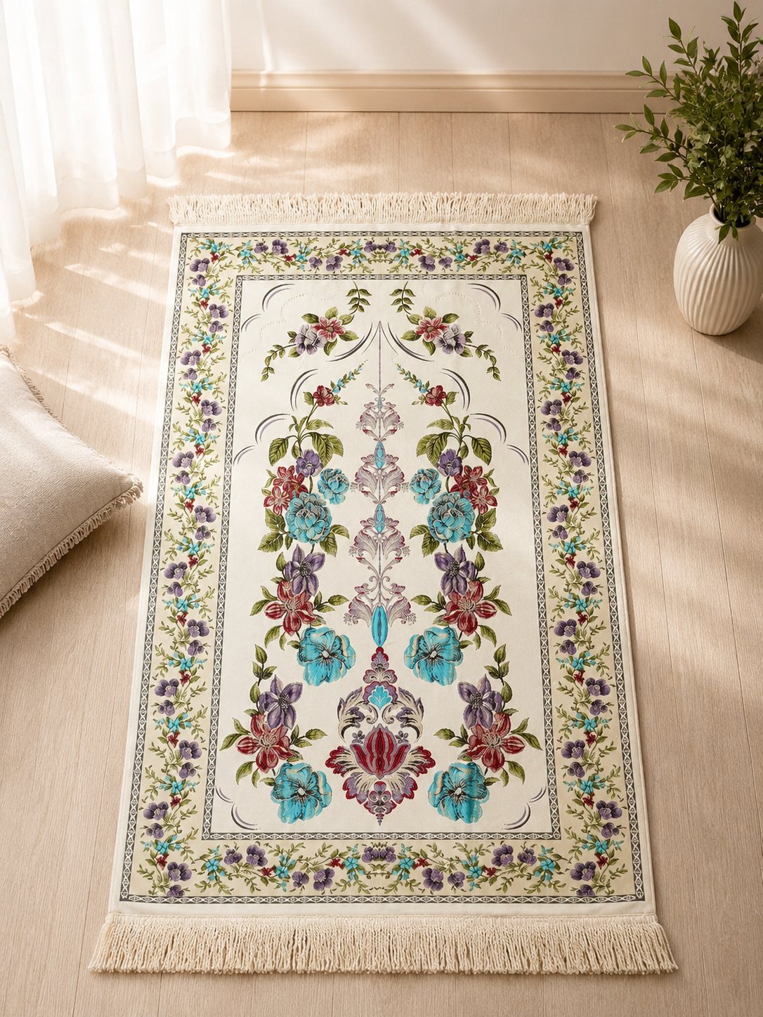 NUSUKI Turkish Embroidered Floral Prayer Mat - Durable Sajjada - Garden Design