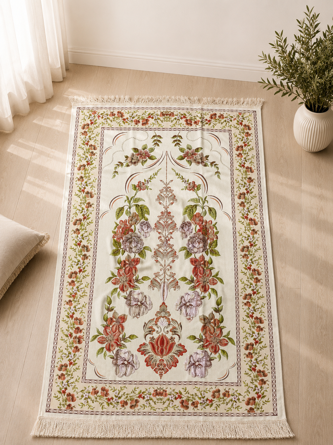NUSUKI Turkish Embroidered Floral Prayer Mat - Durable Sajjada - Garden Design