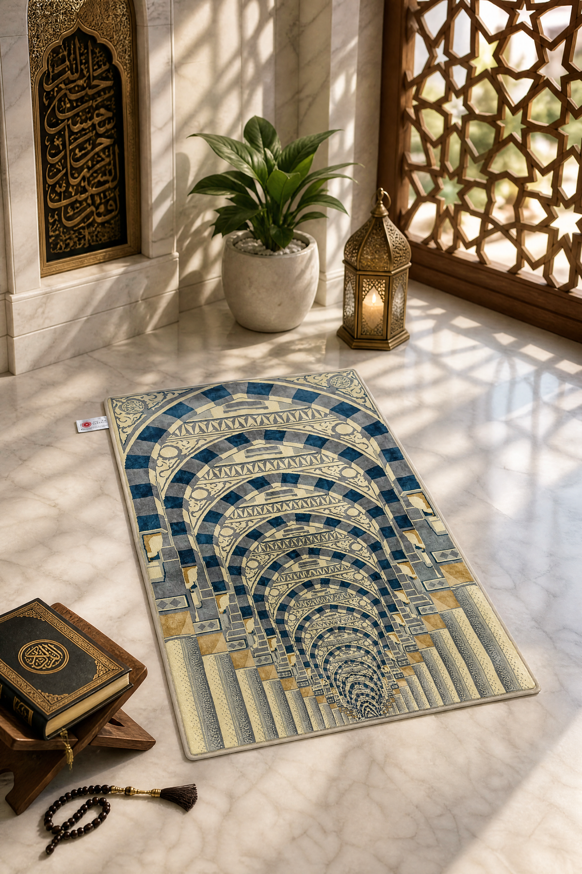 Prophet Mosque Multi Arches Prayer Mat With Matching Hand Bag