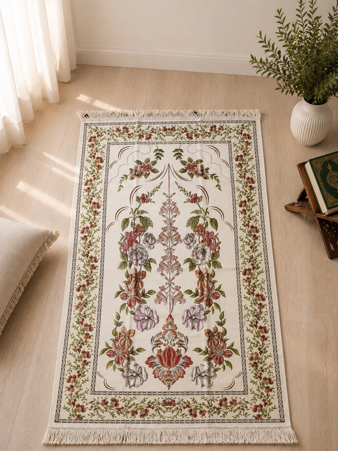NUSUKI Turkish Embroidered Floral Prayer Mat - Durable Sajjada - Garden Design