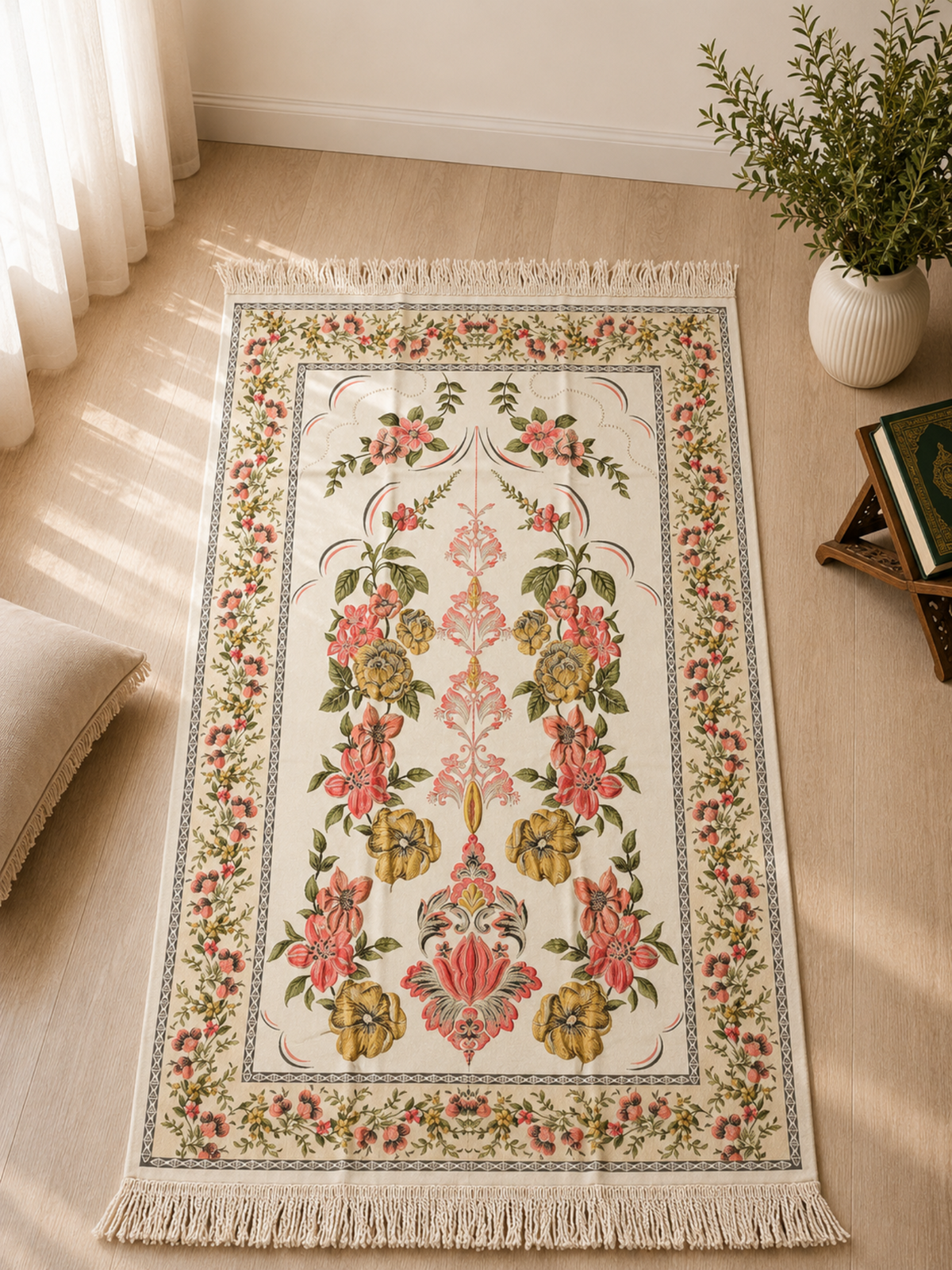 NUSUKI Turkish Embroidered Floral Prayer Mat - Durable Sajjada - Garden Design